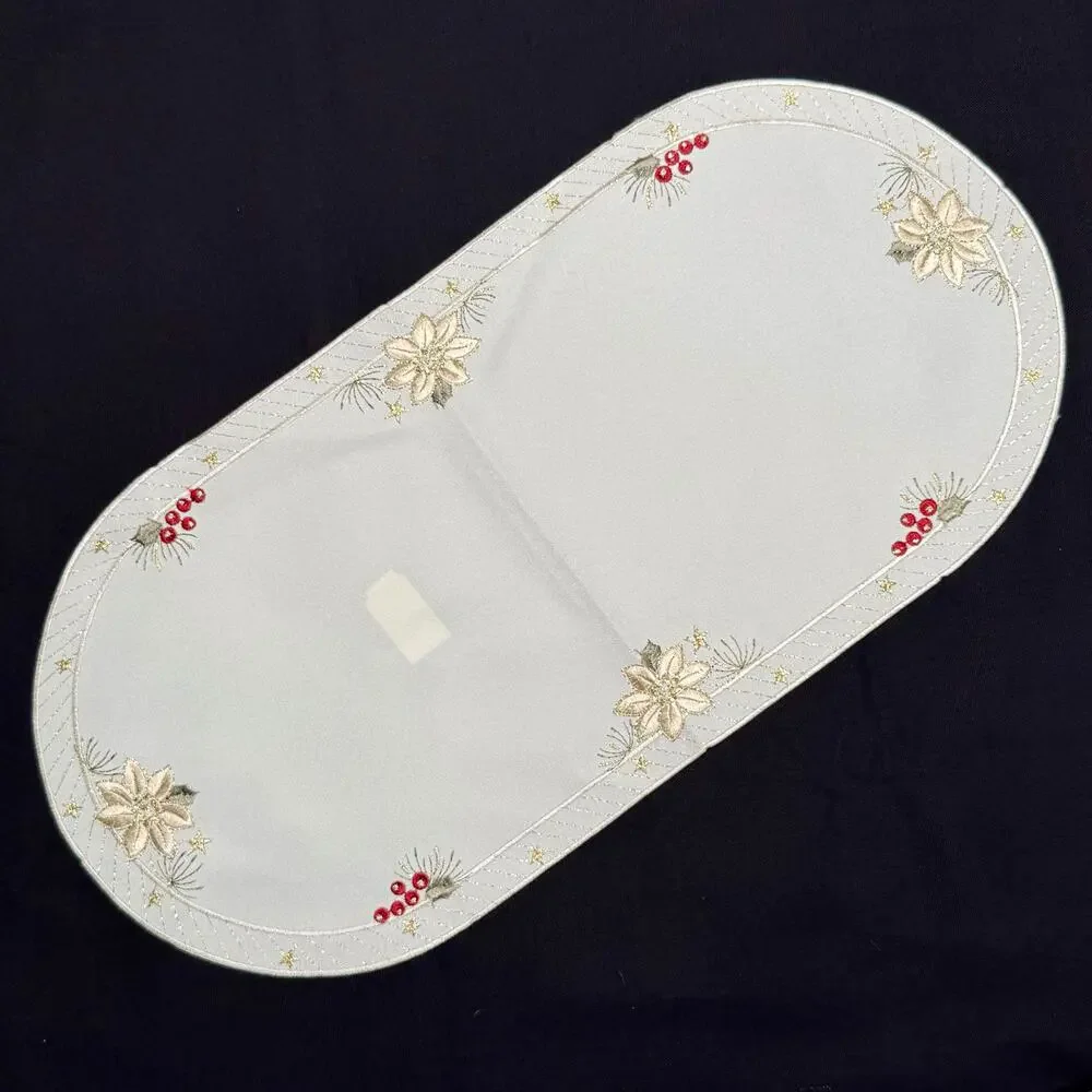 German Embroidered Christmas Table Runner Place Mat Poinsettia 11x22 Gold Thread